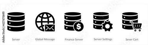 A set of 5 Internet icons as server, global message, finance server