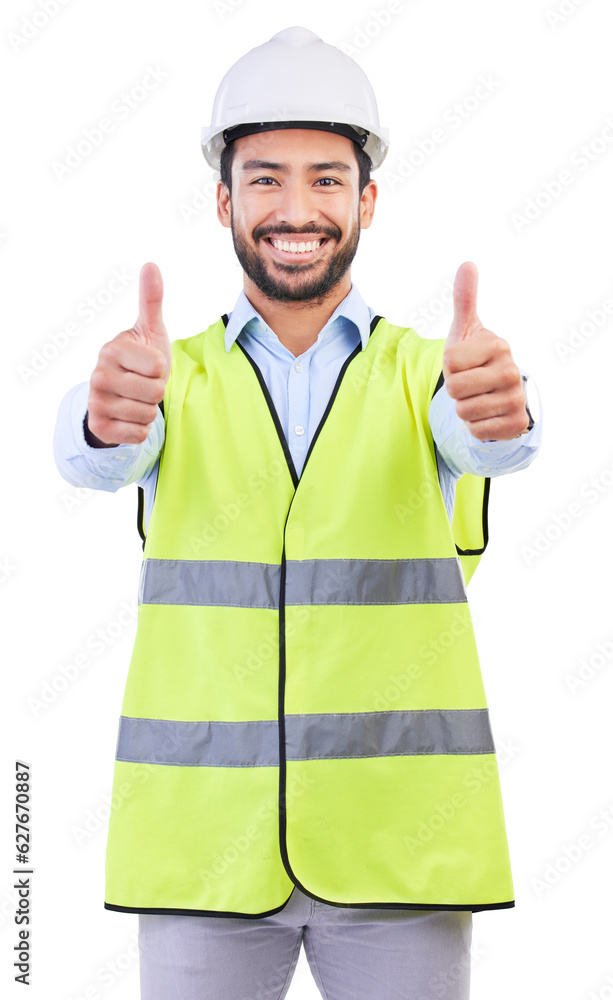 Architect thumbs up, studio portrait and man smile for project success feedback, real estate vote or construction agreement. Architecture review, emoji yes icon or male contractor on white background