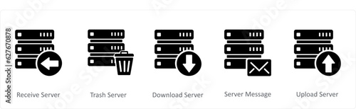 A set of 5 Internet icons as receive server, trash server, download server