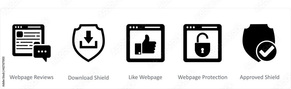 A set of 5 Internet icons as webpage reviews, download shield, like webpage A set of 5 Internet icons as webpage reviews, download shield, like webpage