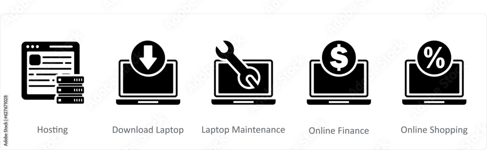 A set of 5 Internet icons as hosting, download laptop, laptop maintenance