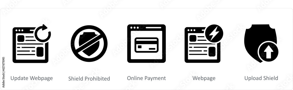 A set of 5 Internet icons as favorite shield, webpage prohibited, download shield A set of 5 Internet icons as favorite shield, webpage prohibited, download shield