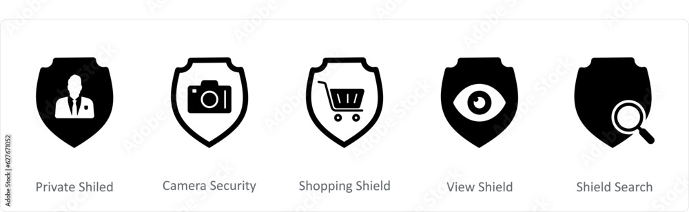 A set of 5 Internet icons as private shield, camera security, shopping shield A set of 5 Internet icons as private shield, camera security, shopping shield
