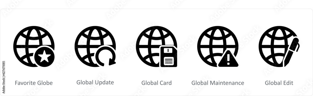 A set of 5 Internet icons as favorite globe, global update, global card A set of 5 Internet icons as favorite globe, global update, global card