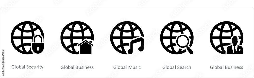 A set of 5 Internet icons as global security, global business, global music A set of 5 Internet icons as global security, global business, global music