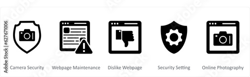 A set of 5 Internet icons as camera security, webpage maintenance, dislike webpage