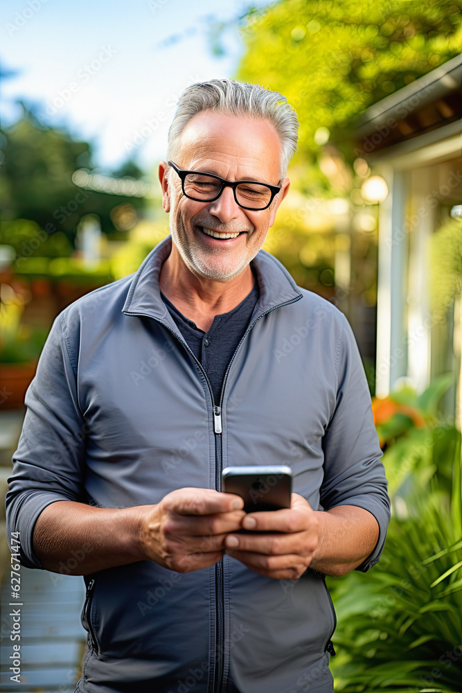 an elderly man uses a mobile phone and is happy. happy day. Ai generative an elderly man uses a mobile phone and is happy. happy day. Ai generative