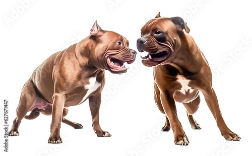 Foto two scary pit bull dogs fighting on isolated background, generative ai