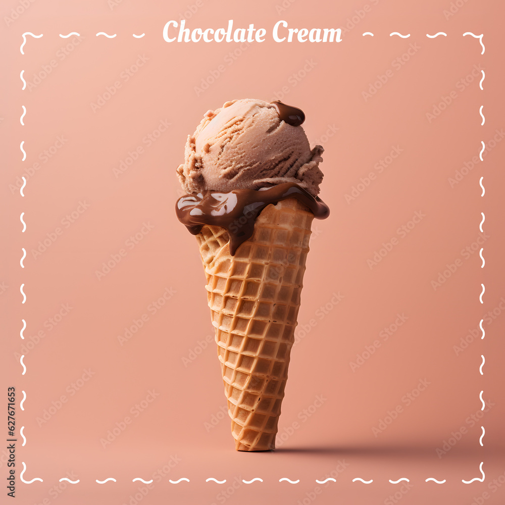Chocolate cream ice cream. Ice cream cone on gradient color background. Banner. 3D illustration Chocolate cream ice cream. Ice cream cone on gradient color background. Banner. 3D illustration