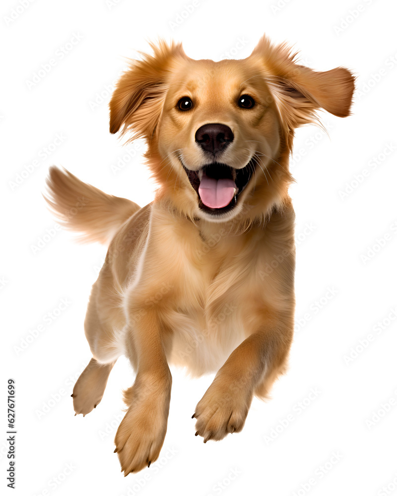 Golden Retriever dog looking happy excited on isolated background, generative ai