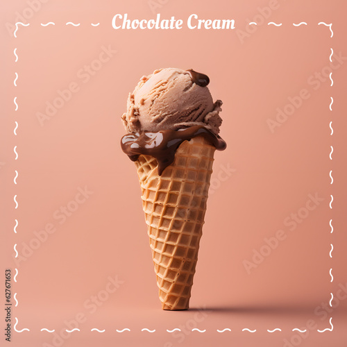 Chocolate cream ice cream. Ice cream cone on gradient color background. Banner. 3D illustration