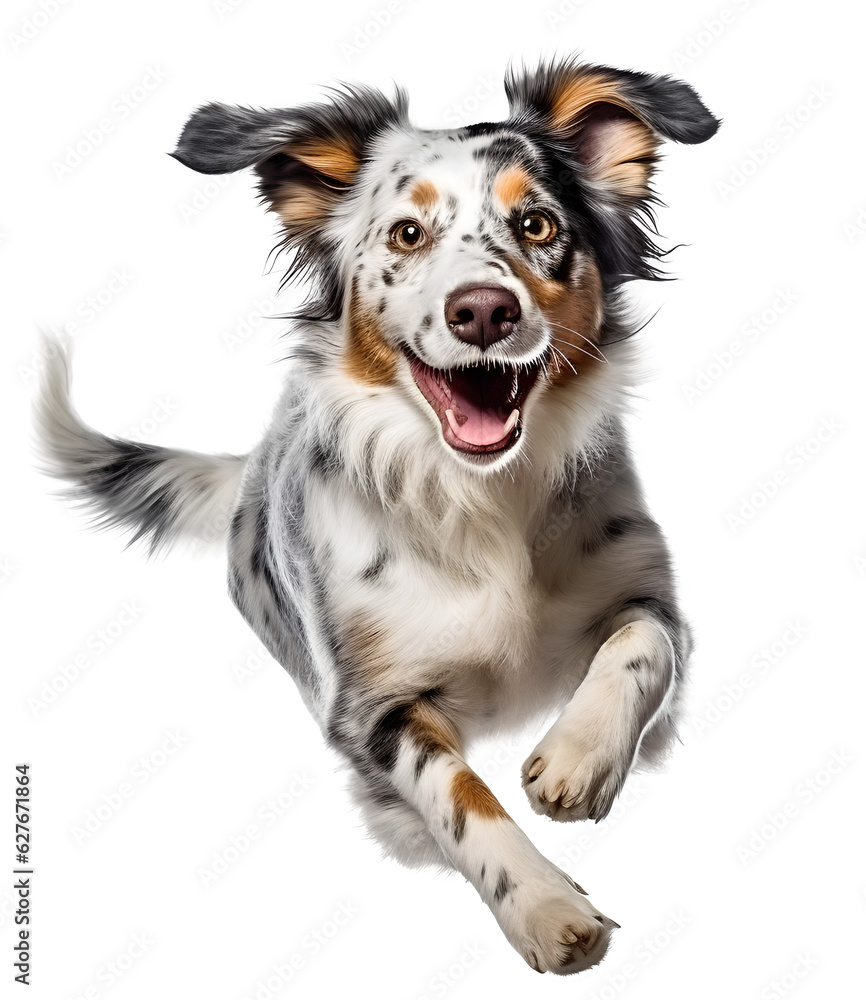 australian shepherd dog jumping happy on isolated background, generative ai