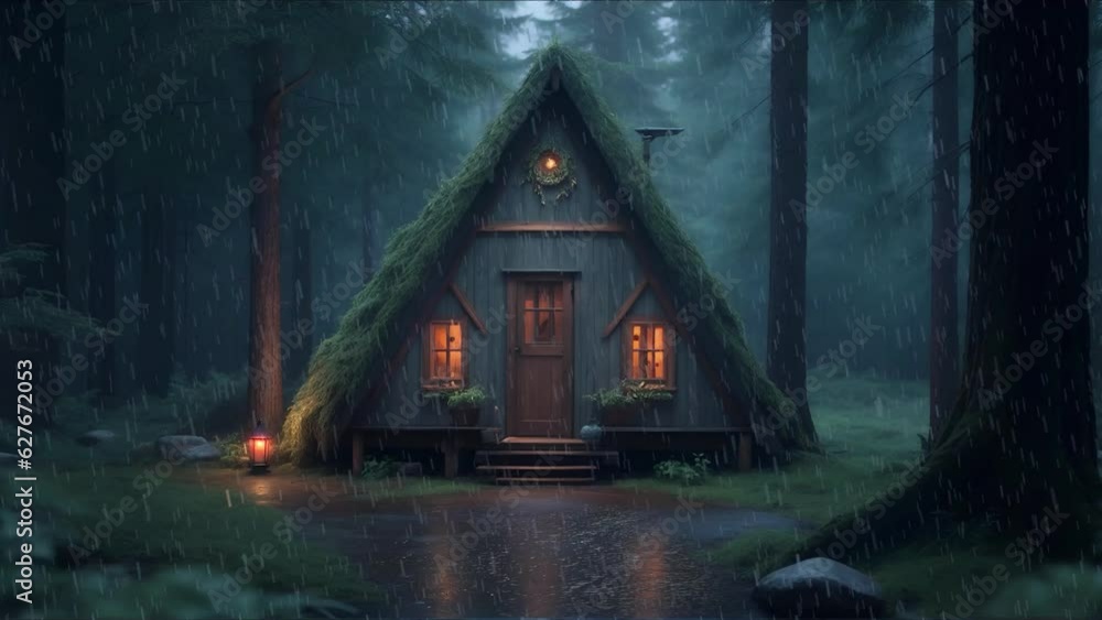 Mysterious cabin in the woods. Rain falling and lantern glowing at ...