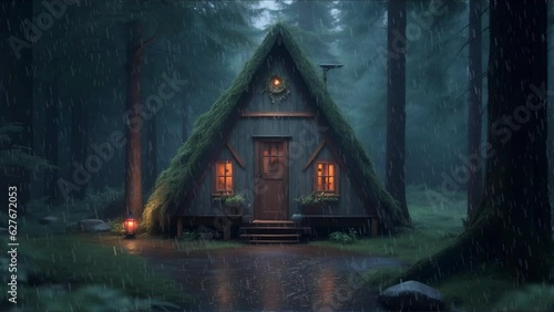 Mysterious cabin in the woods. Rain falling and lantern glowing at nighttime. Cozy, meditation rest, deep sleep relax concentration study atmosphere. 