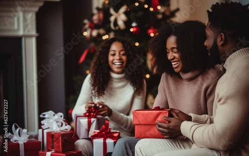 Black african american dark-skinned friends or family sitting near Christmas tree, smiling, and opening christmas presents. Holidays and celebration concept