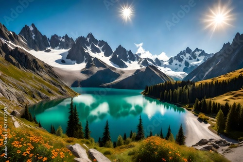 colorful summer panorama, Lac Blanc lake takes center stage with its vibrant and inviting waters. As the camera pans, the magnificent Mont Blanc generative ai technology 