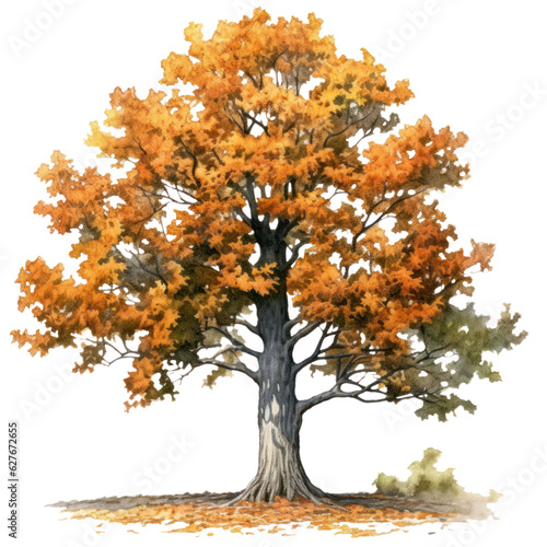 Fall Oak, autumn forest trees watercolor illustration isolated with a transparent background, graphic design