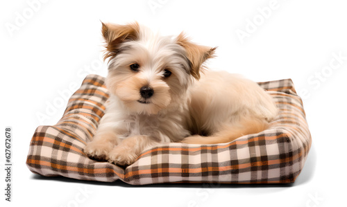 cute morkie dog sleeping on a pet bed on isolated background, generative ai photo