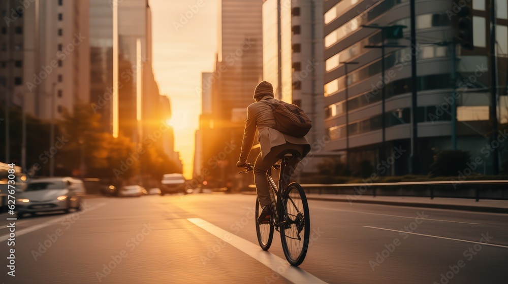 businessman wearing helmet biking with bicycle on road in city to work, Generative AI