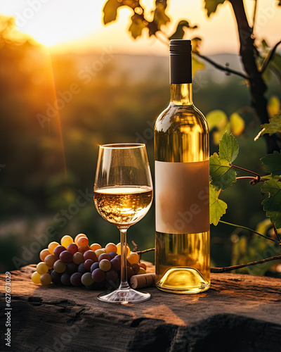 A bottle of white  wine in the vineyard s in the evening light of sun , background photo