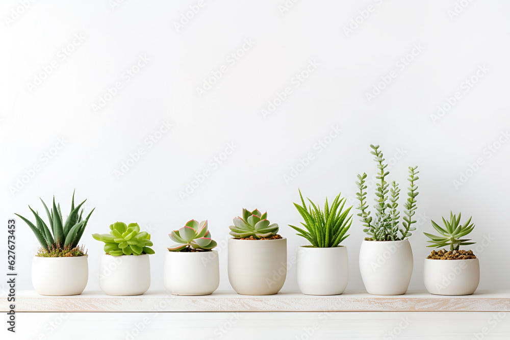 Pots set with indoor plants, succulent, green herbs on white background. Generative Ai