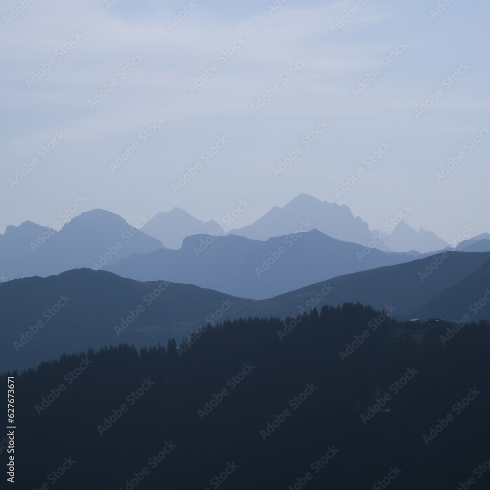 Mountain peaks in the morning light seen from Vorder Walig, Switzerland.