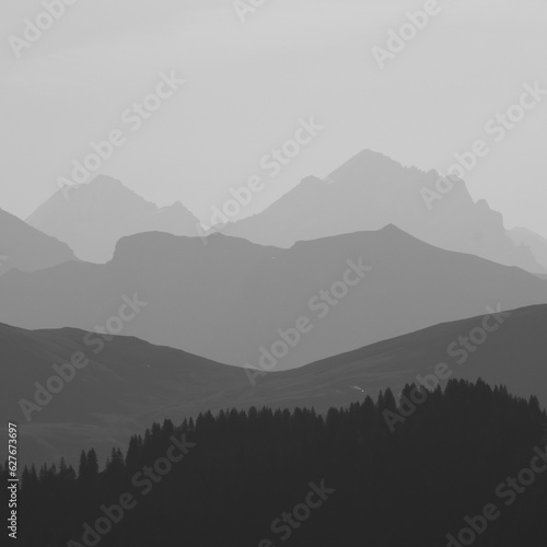 Dream like mountain ranges in the morning light seen from Vorder Walig, Switzerland.