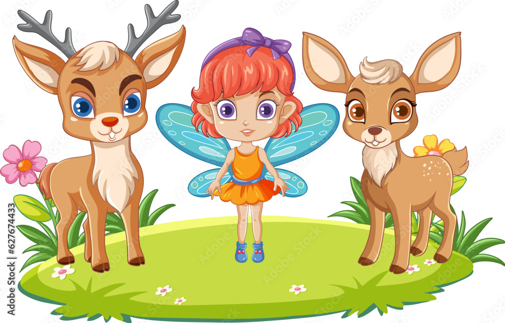 Fairy Girl with Deer in Cartoon Style Fairy Girl with Deer in Cartoon Style