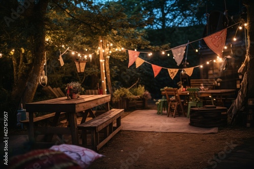Rustic birthday party setup with bunting and fairy lights 