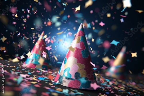 Party hats and confetti birthday background.
