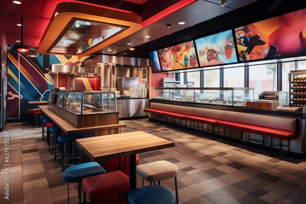 A fast food restaurant with a modern and sleek interior, Generative Ai