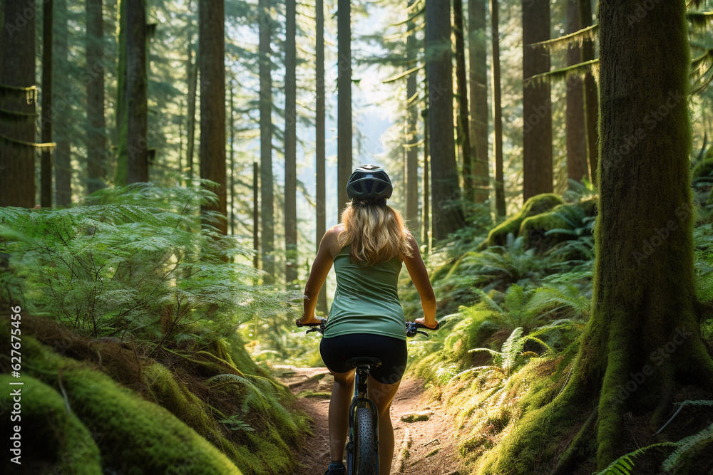 Cycling Woman Amidst Verdant Trees. Generative Ai. Cycling Woman Amidst Verdant Trees. Generative Ai.