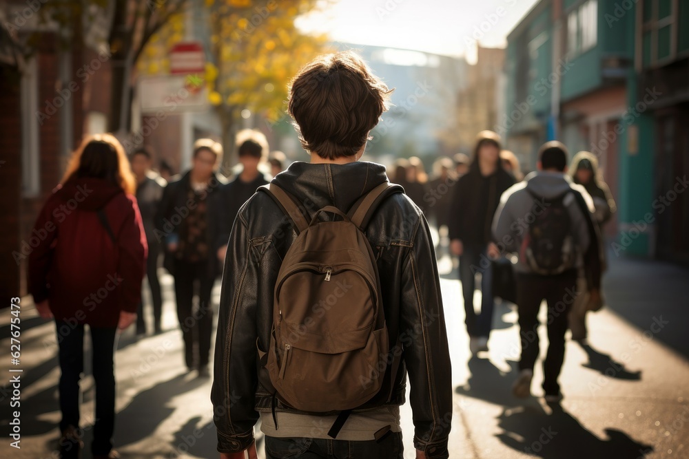 Boy walking school class. Generate Ai