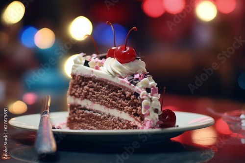 Close-up of a birthday cake slice on a plate 