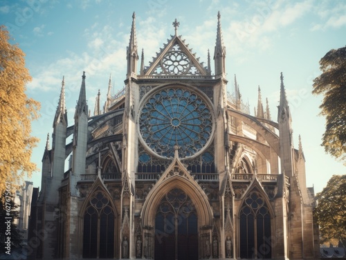 A grand and ornate Gothic cathedral with intricate stained glass windows and flying buttresses. Generative AI