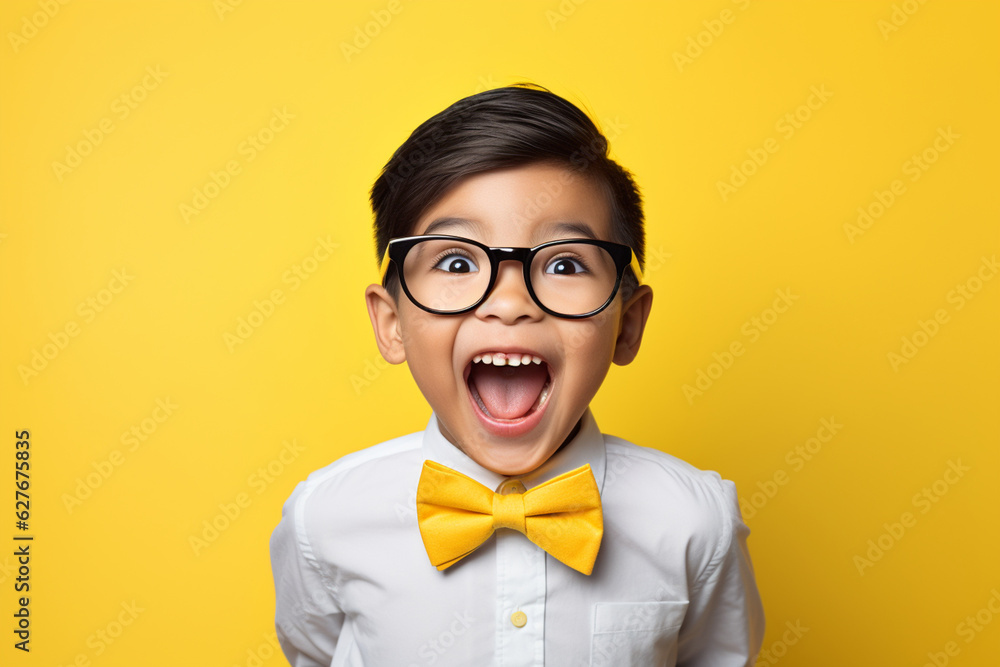 Photography of happy 5 Year old asian boy wearing big eyeglasses and