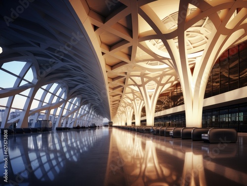 A modern airport terminal with efficient and spacious design for passenger flow. Generative AI