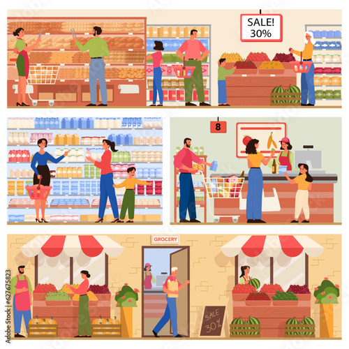 Supermarket interior set. Grocery shop with cashier and customers