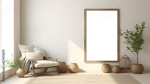 Blank vertical decorative art transparent frame mock-up in boho style,  background