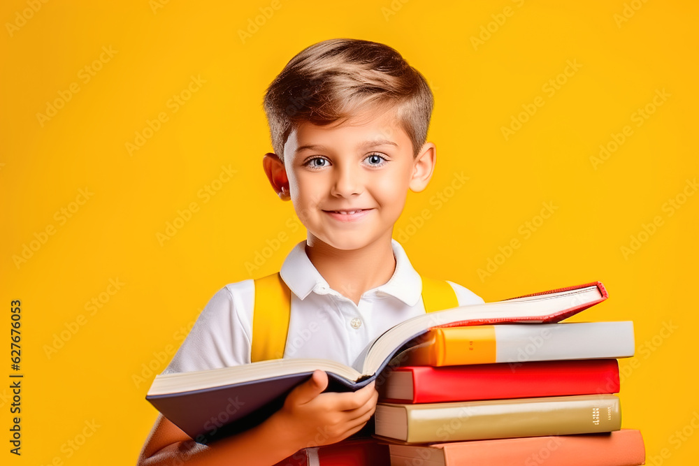 Portrait of a schoolboy with textbooks on a yellow background. Portrait of a schoolboy with textbooks on a yellow background.