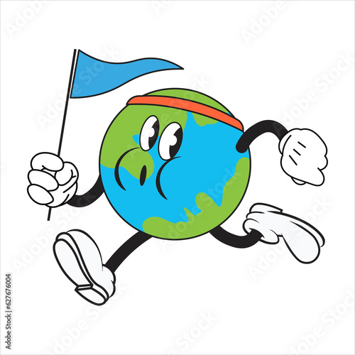 Planet Earth mascot wearing a headband, running with a flag in his hands, vintage cartoon character