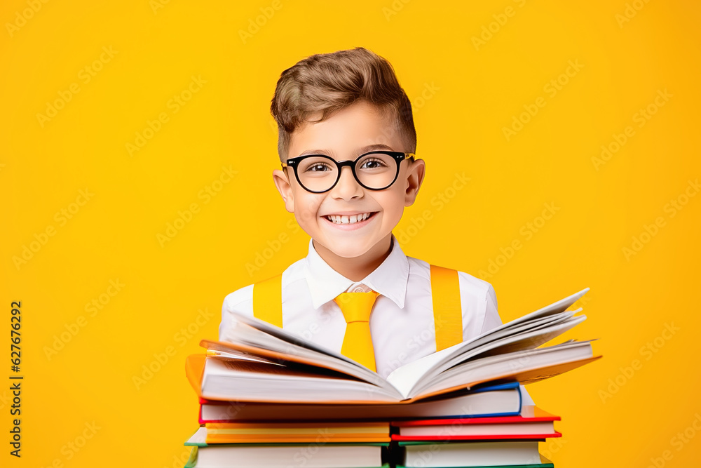 Portrait of a schoolboy with textbooks on a yellow background. Portrait of a schoolboy with textbooks on a yellow background.