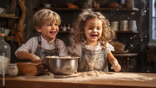 Happy family funny kids bake cookies in kitchen. Creative and happy childhood concept.