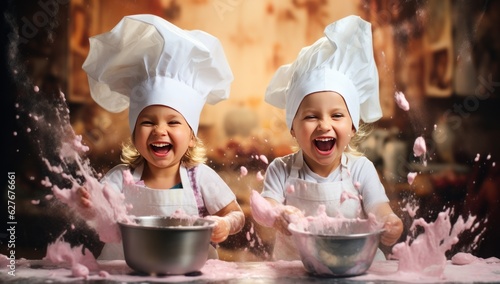 Happy family funny kids bake cookies in kitchen. Creative and happy childhood concept.