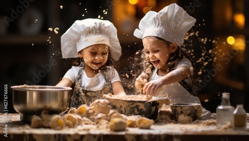 Happy family funny kids bake cookies in kitchen. Creative and happy childhood concept. photo