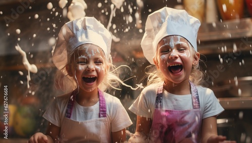 Stampa su tela Happy family funny kids bake cookies in kitchen