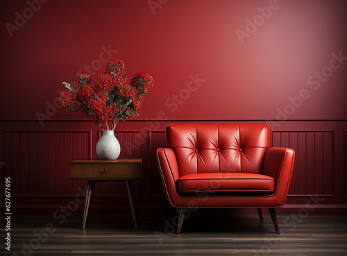 a red armchair against a red wall and wooden floor, generative AI