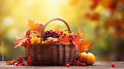 close up Autumn foliage basket in forest, pumpkins, leaves, berries, glitter glow light in fantasy fairytale atmosphere, Generative Ai