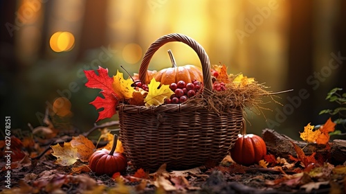 close up Autumn foliage basket in forest  pumpkins  leaves  berries  glitter glow light in fantasy fairytale atmosphere  Generative Ai