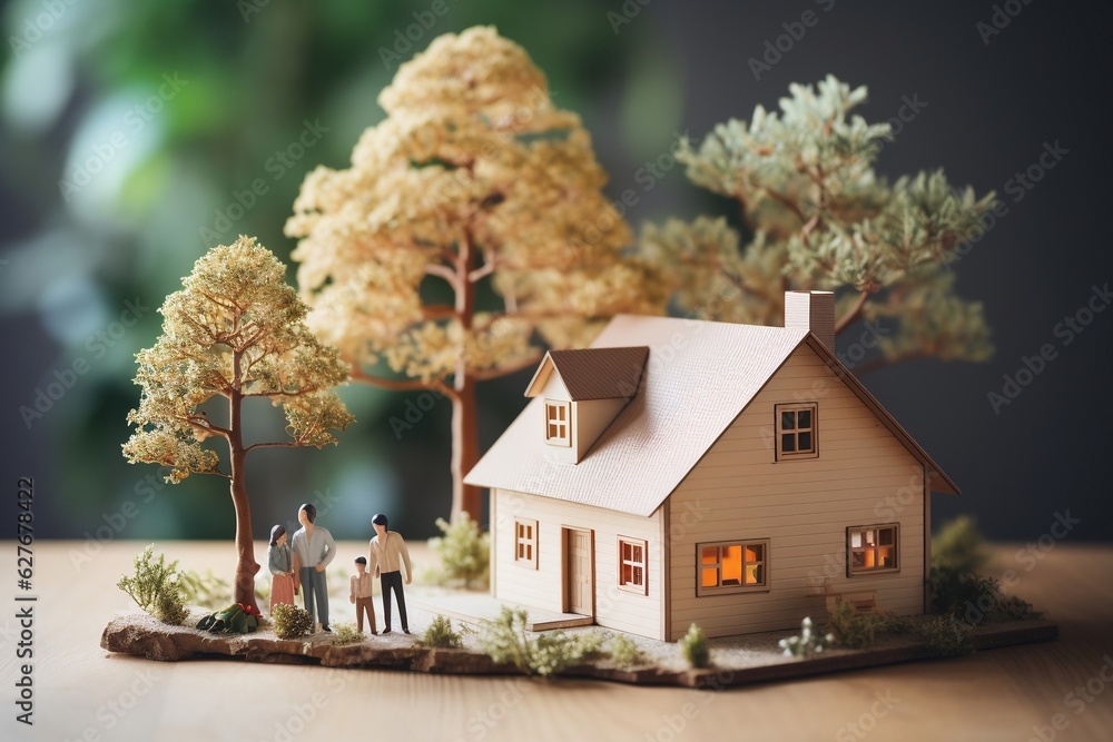 A paper house on a wooden plank, representing family and home, Generative Ai